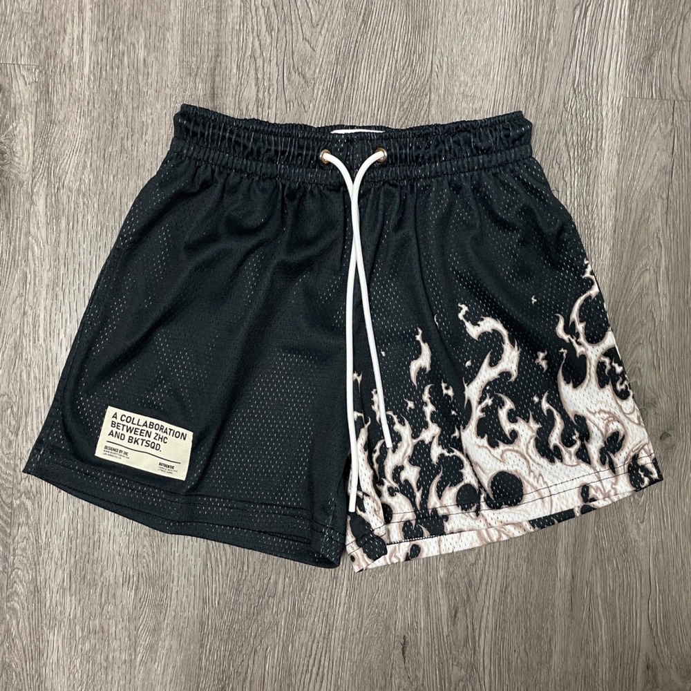 Bucket Squad ZHC Shorts Mens Small Black Flame Mesh BKTSQD USA Y2K 90's
